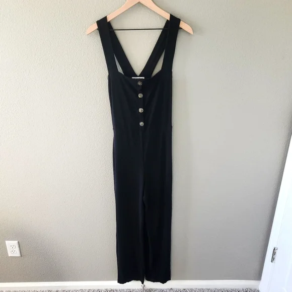Reformation Landry Jumpsuit Medium Black Ribbed Knit Square Neck Button Lyocell - Picture 2 of 11